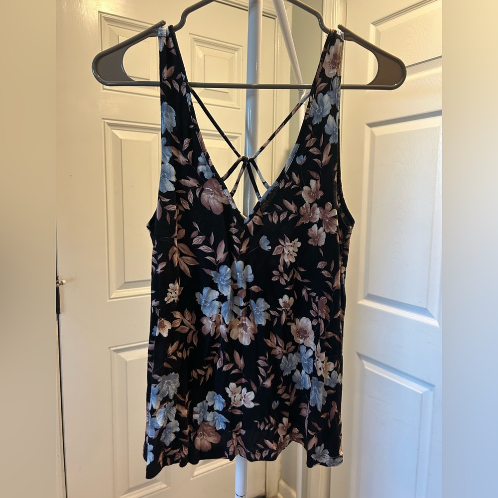 Floral Strappy Black Tank Top